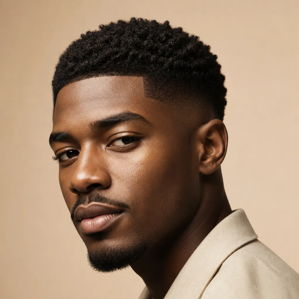 Man with a textured crop and low fade, photographed in warm studio light