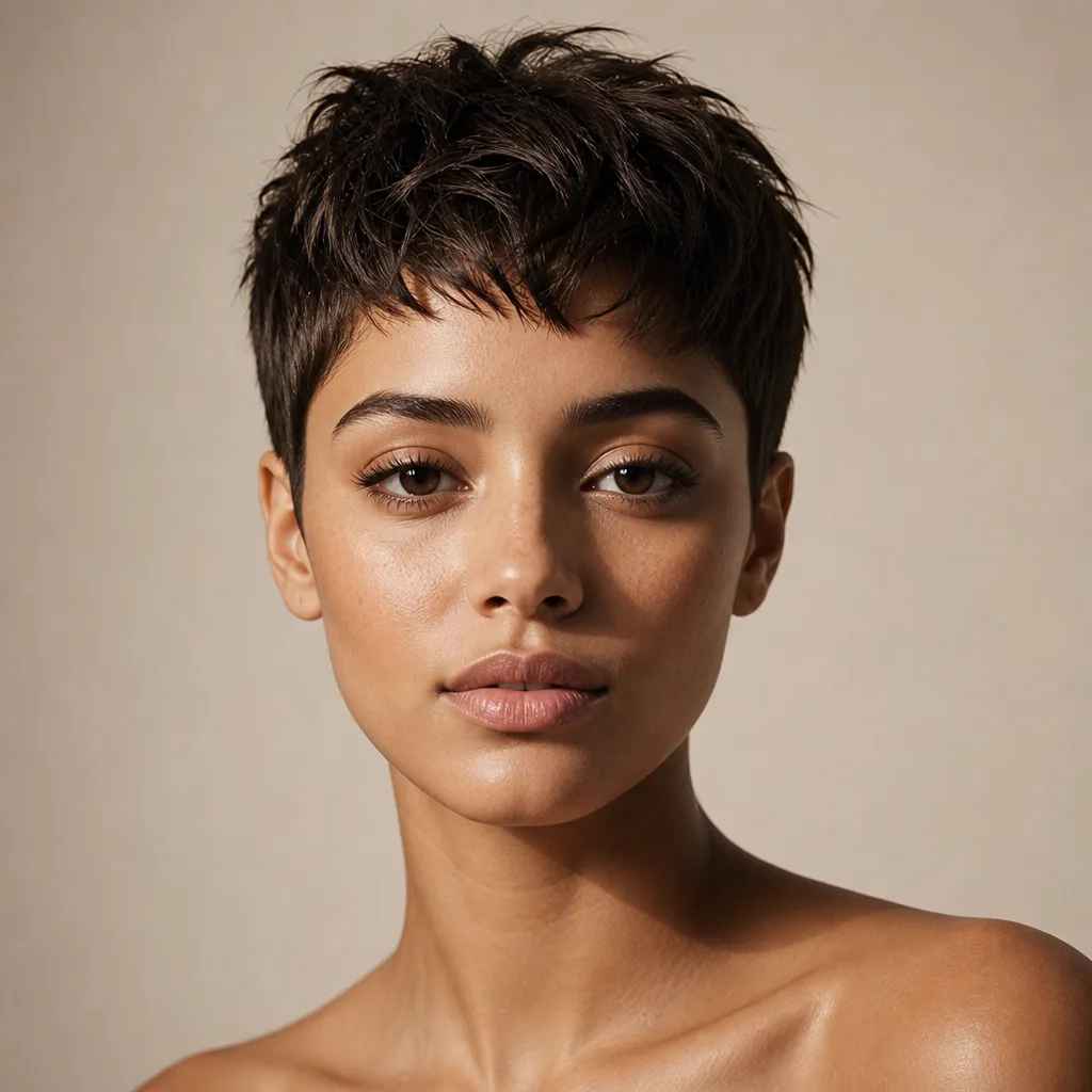 Woman with a short textured pixie cut in warm studio light