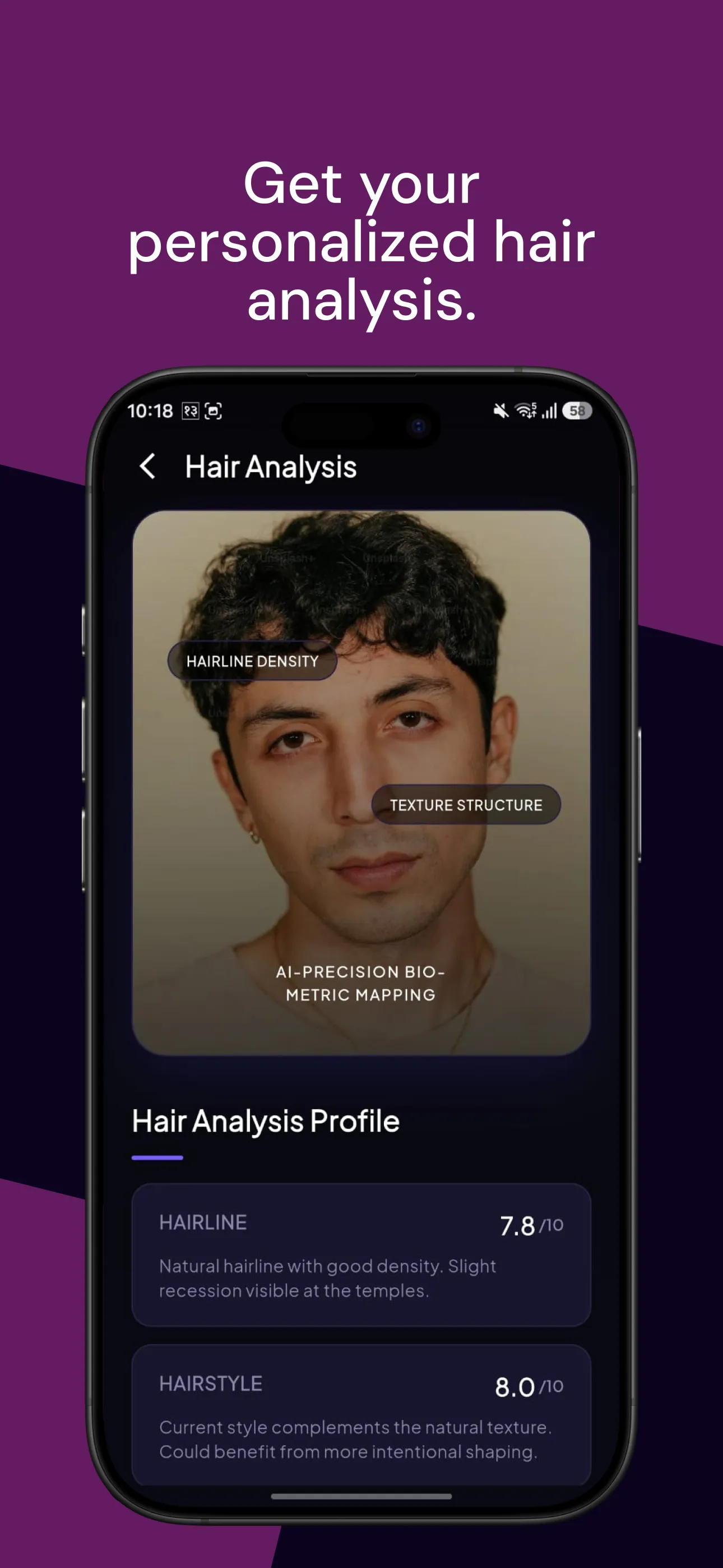 Hairover hair analysis screen with mapping overlays and a hair profile