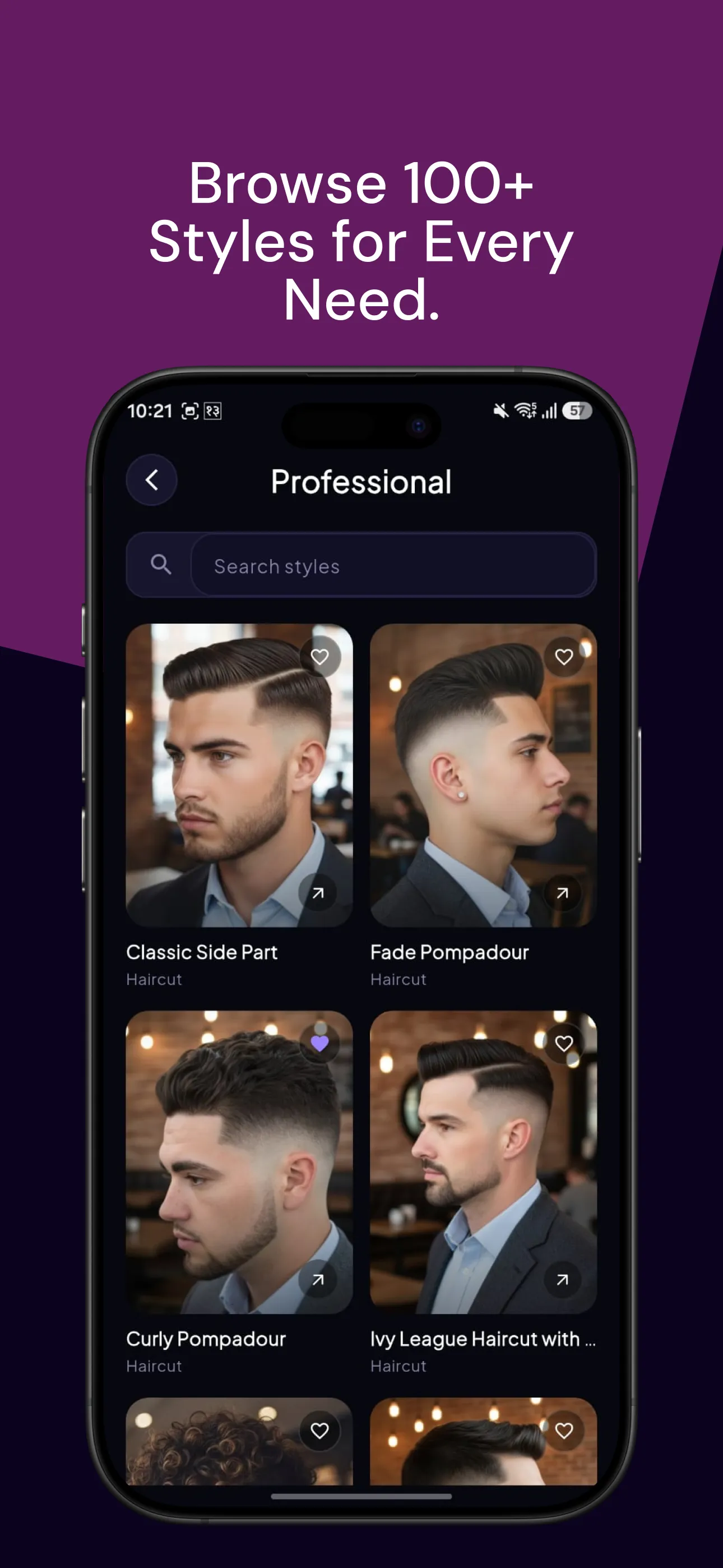 Hairover style library with a grid of hairstyle cards to browse and save